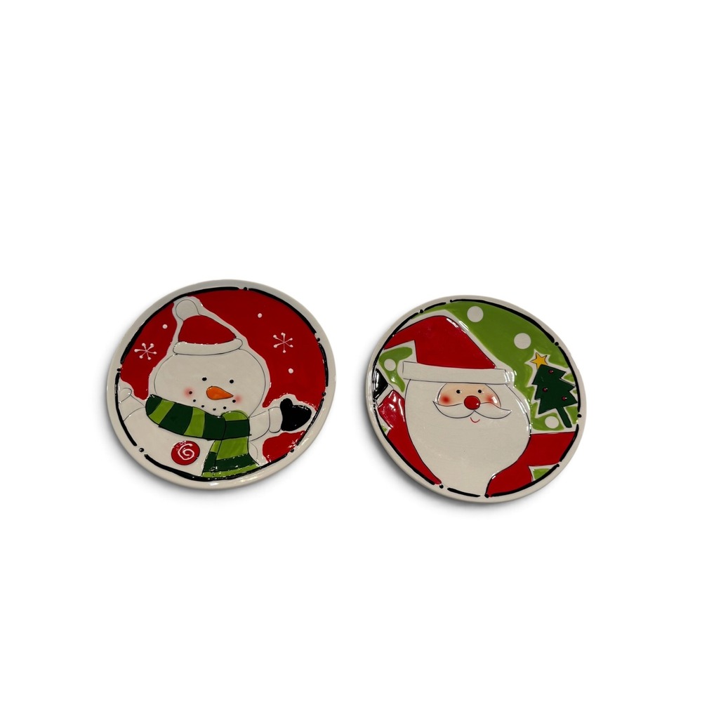 Sleigh Bell Bistro Christmas Plates Set of 2 Santa Snowman Ceramic 8 Inch